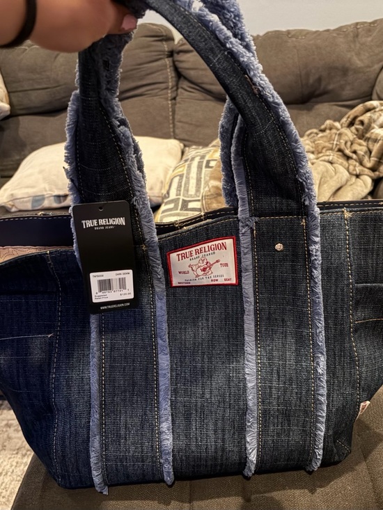 True Religion Handbags - True Religion Dark Denim Tote Bag with Shearling Trim